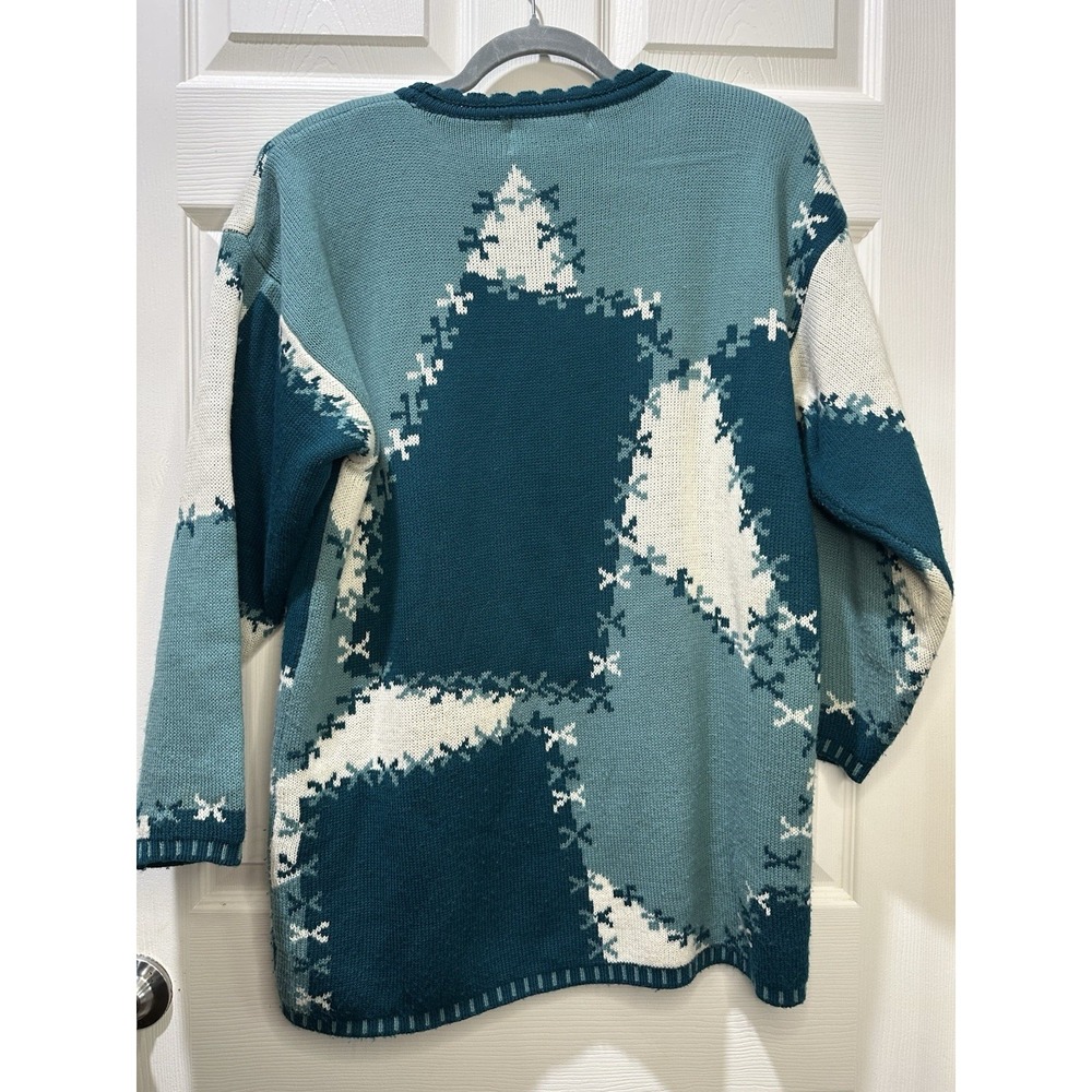 VINTAGE 90's Forenza Sweater Women's Med Oversized Green Teal Geometric Pullover - Picture 2 of 5